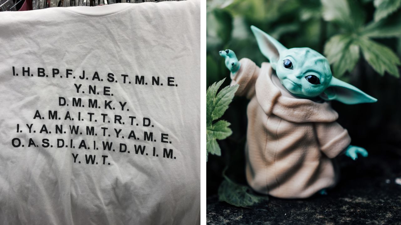 Strange letters on thrift store t-shirt turn out to be famous star wars dialogue.