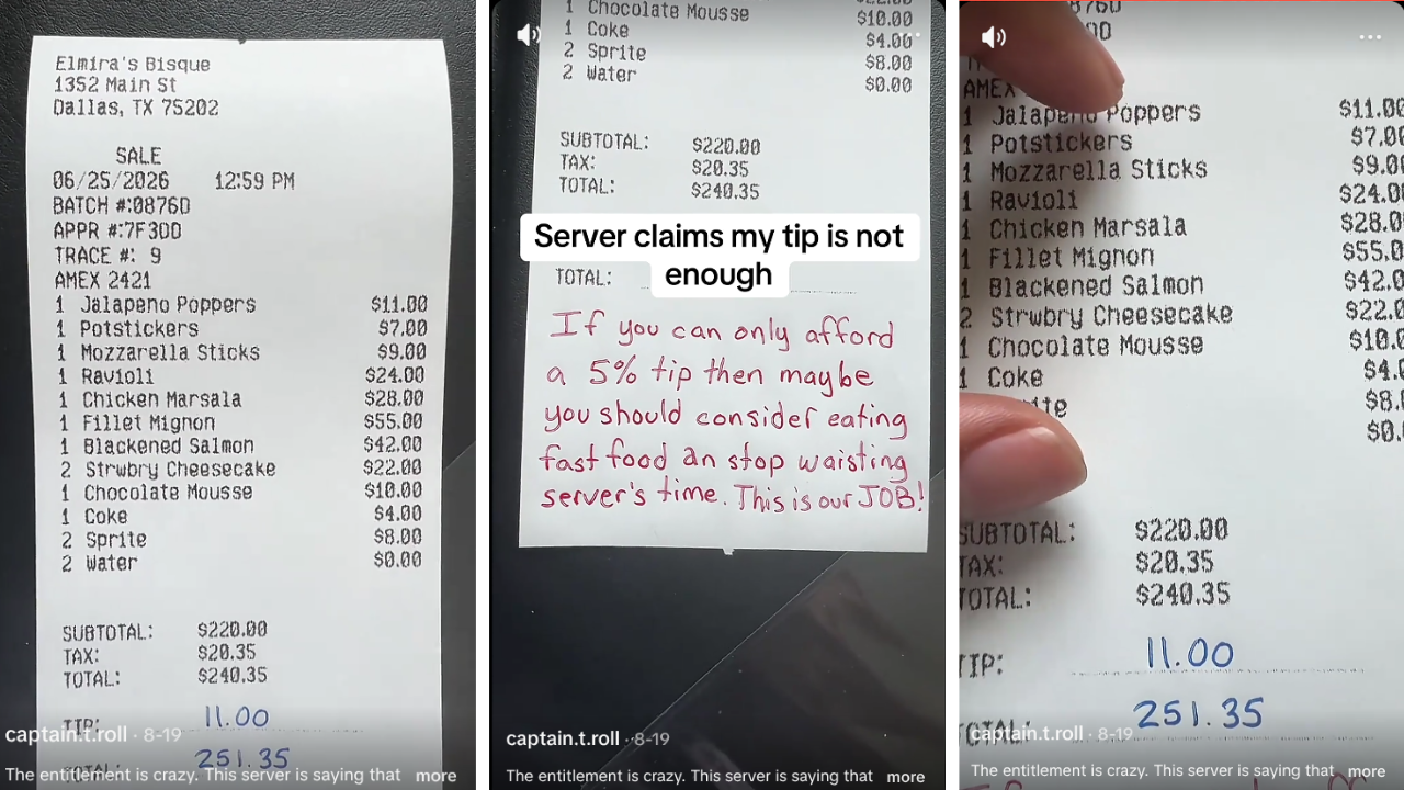 Man Says Server Left a Note After He Tipped 5% on a $220 Bill