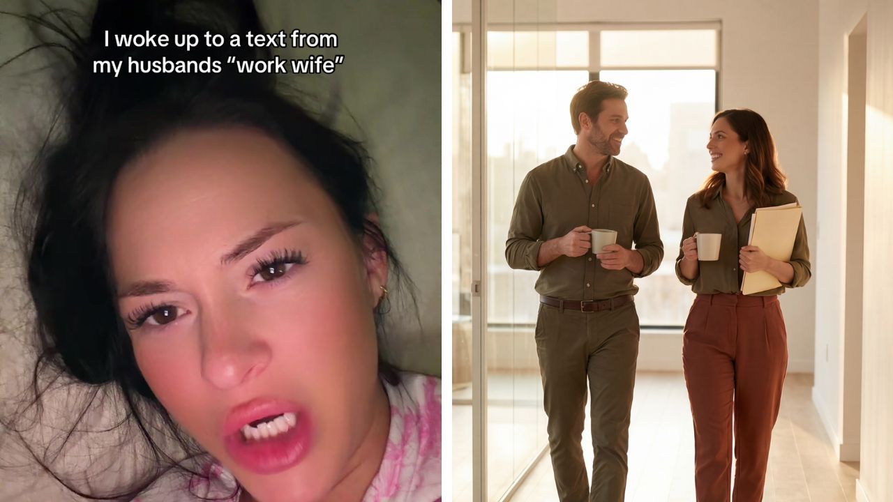 Woman questions her husband’s relationship with his colleague after discovering a message on his work phone.