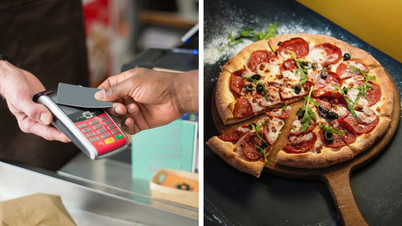 Woman takes bites from packaged pizza as her EBT card declines.
