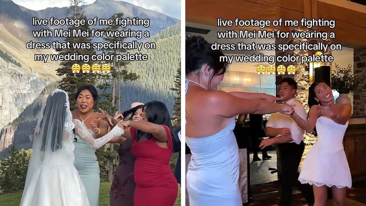 Bride’s friend wears similar color palette dress as her.