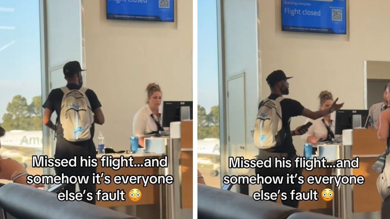 Passenger misses flight and confronts staff.
