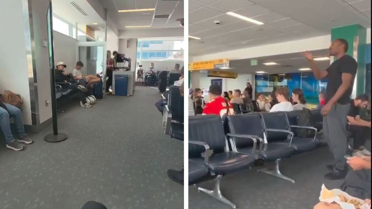 Fight erupts at an airport over racial slur.