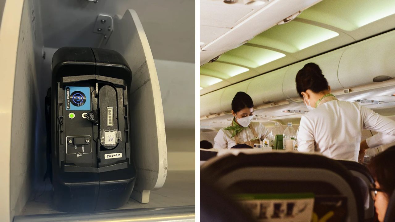 A Bluebox Wow portable wireless in-airplane entertainment system inside an aircraft overhead compartment.