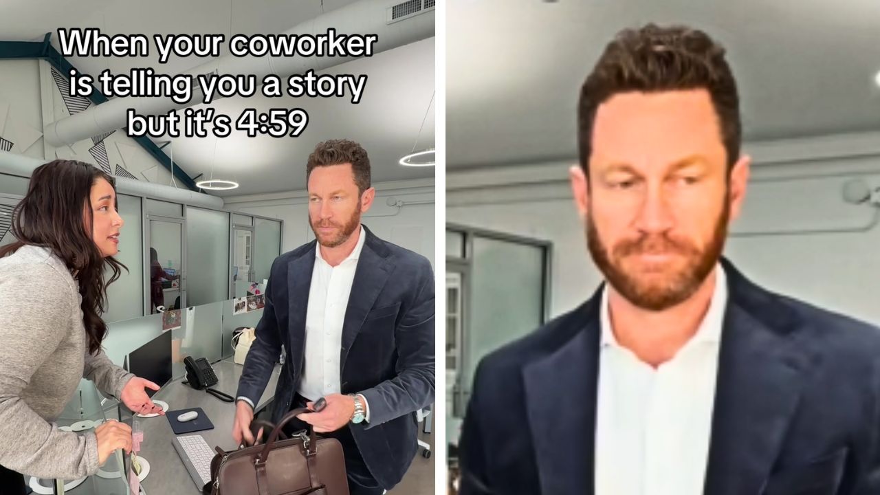 A TikTok skit pokes fun at coworkers starting conversations just before the end of the workday.