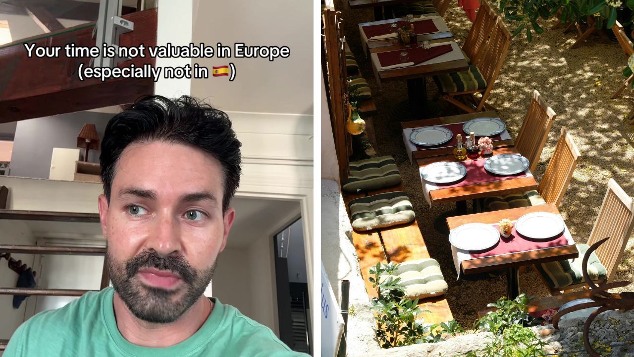 A restaurant in Spain (R) reflects the slower-paced dining culture at the center of a viral TikTok debate (L).