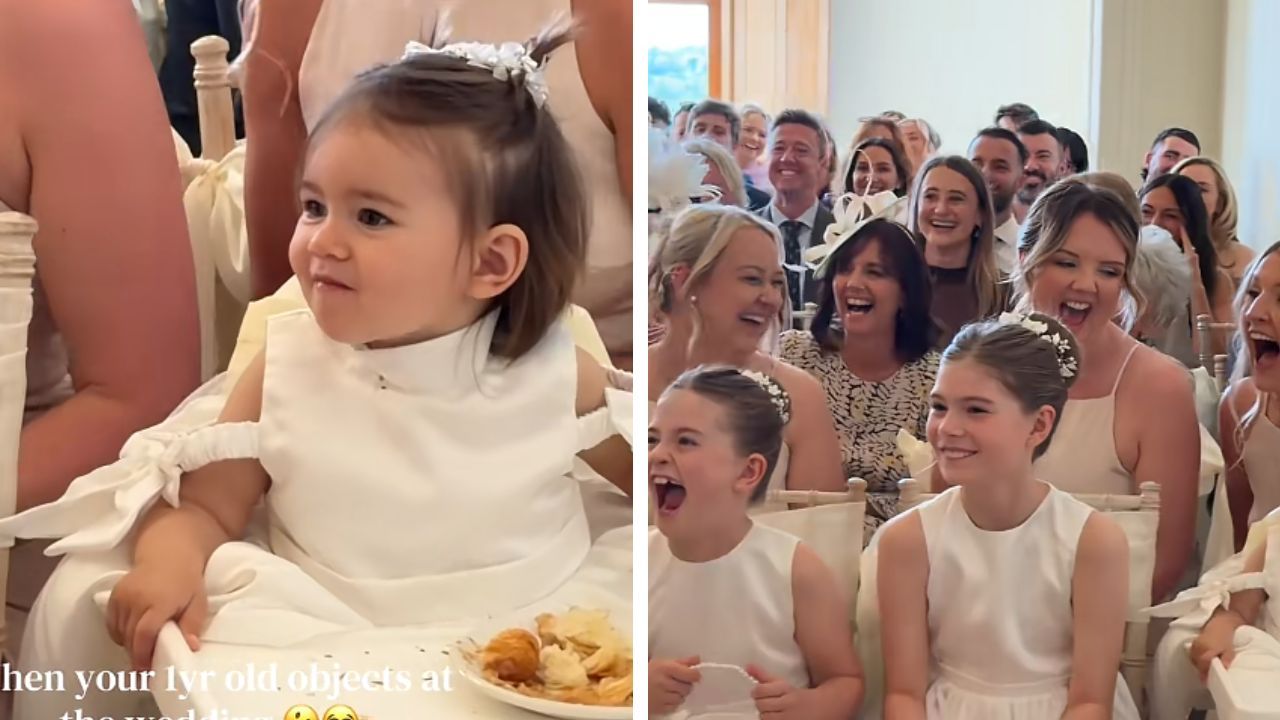 A toddler sits in a high chair with her meal (L) as wedding guests laugh (R) during the ceremony.