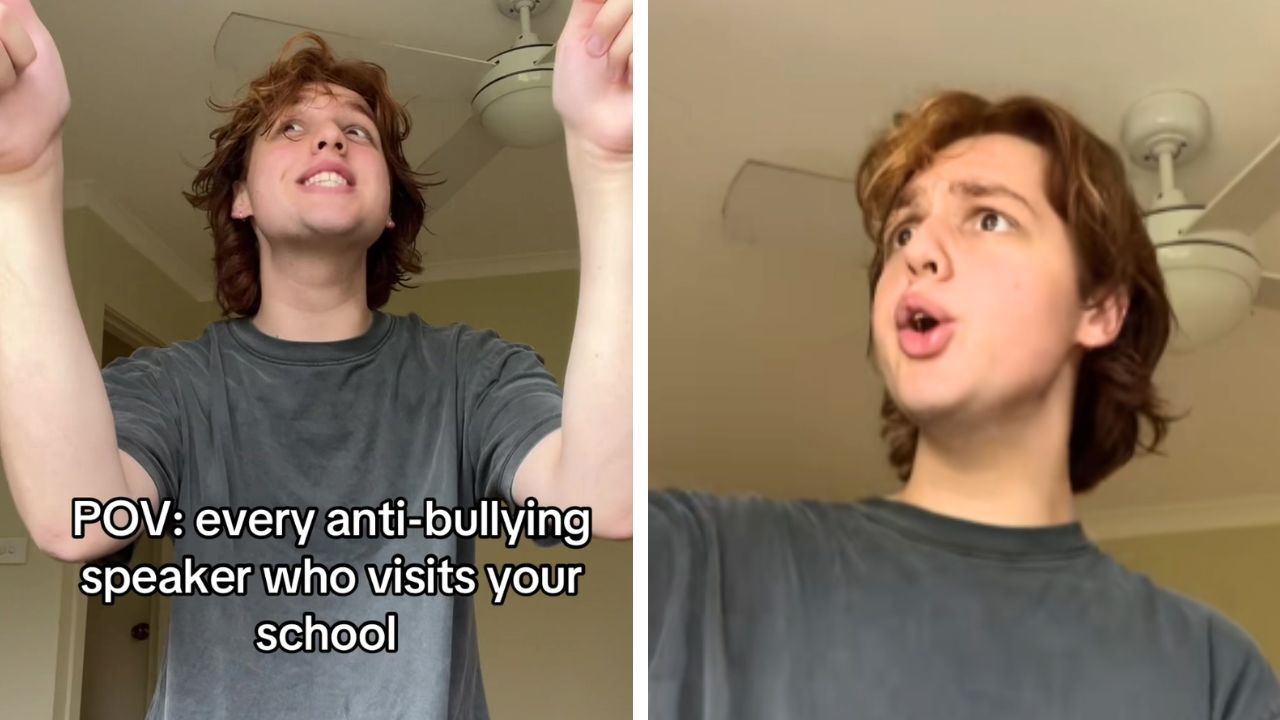 Aidan Watts parodies a school anti-bullying assembly in a skit.