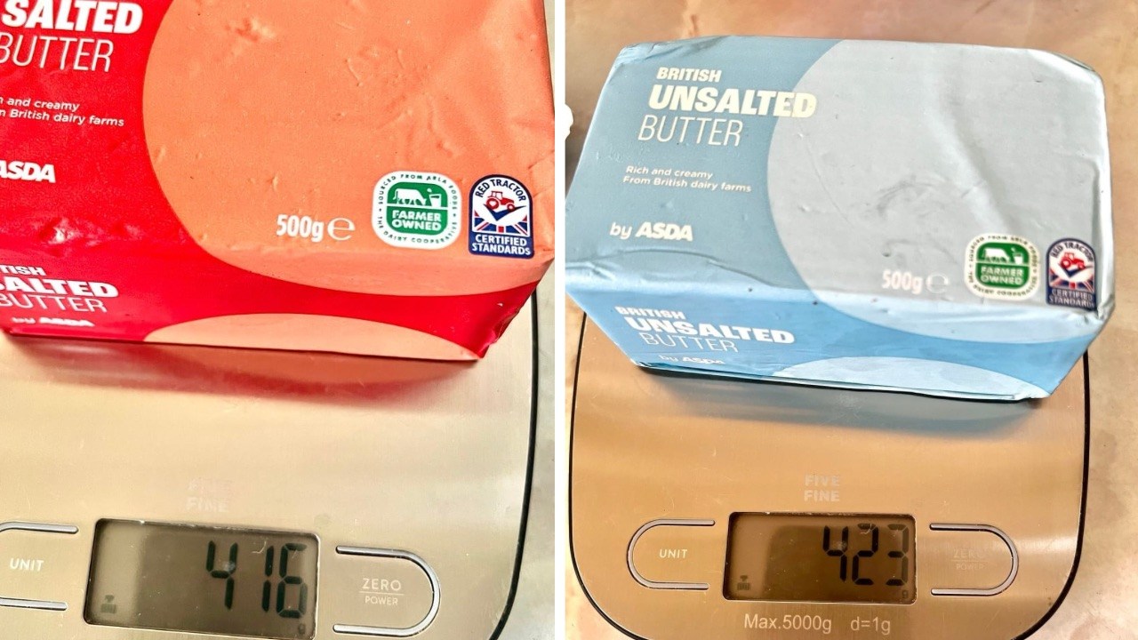 Asda salted butter labeled 500g sitting on a kitchen scale showing 416g