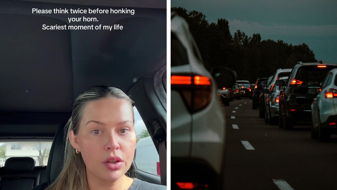 Emily Newton recounts a frightening road rage incident that began after she honked at another driver.