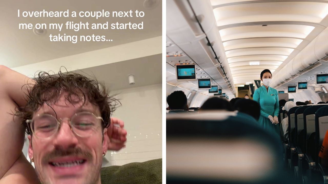 Man speaks bout overhearing a couple's intimate conversation on a flight.