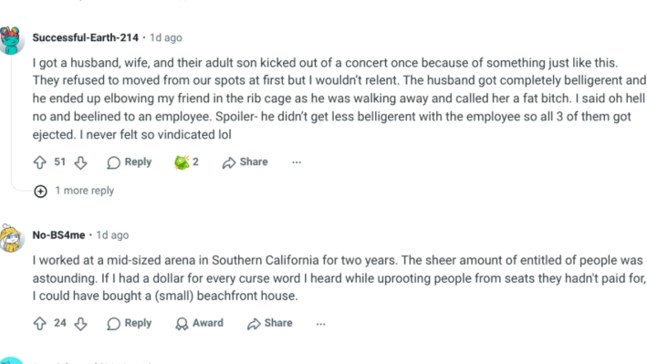 Entitled Strangers Yelled at Her for Concert Seats that She Paid For After They Were Asked to Move