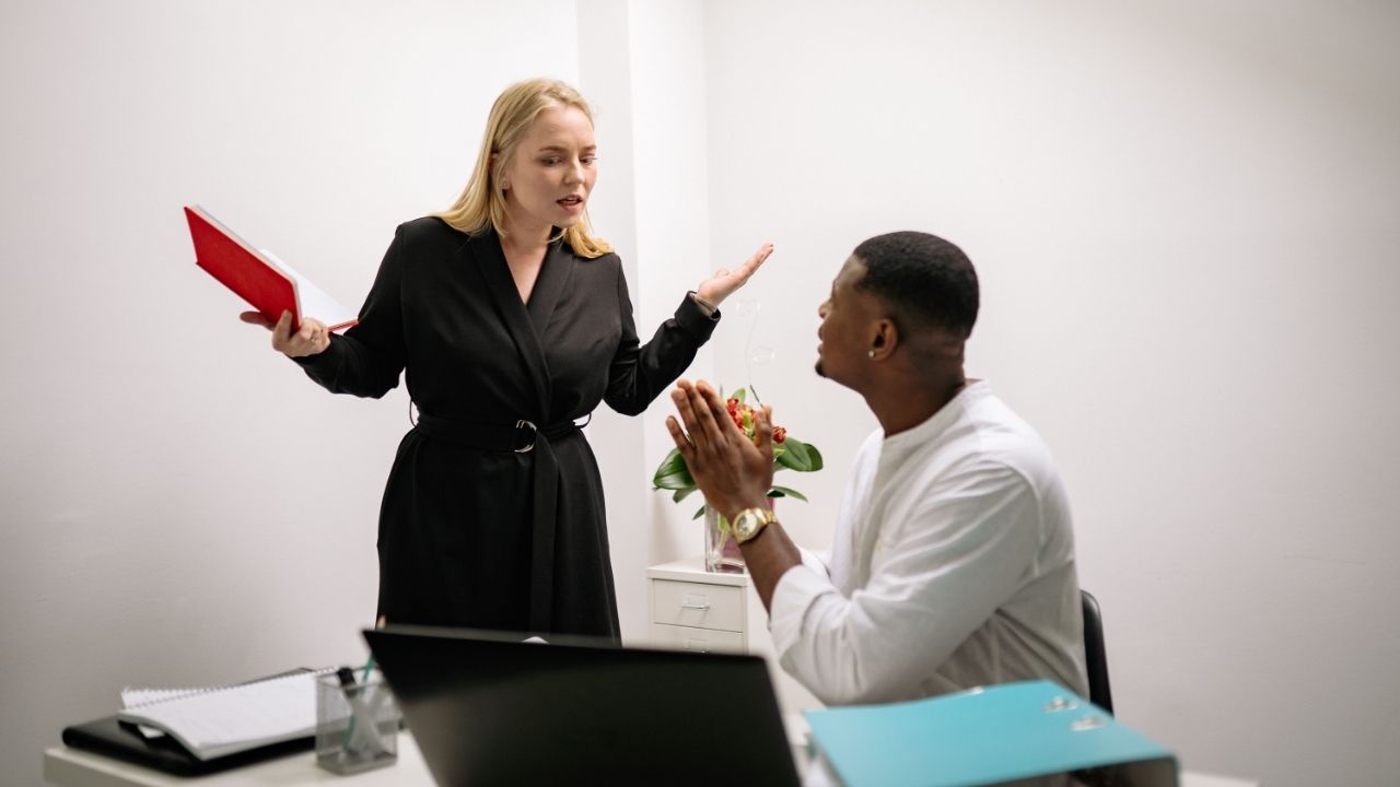 A TikTok slideshow from @dailyfinds.org depicted an employee challenging her boss over overtime and a client invoice.