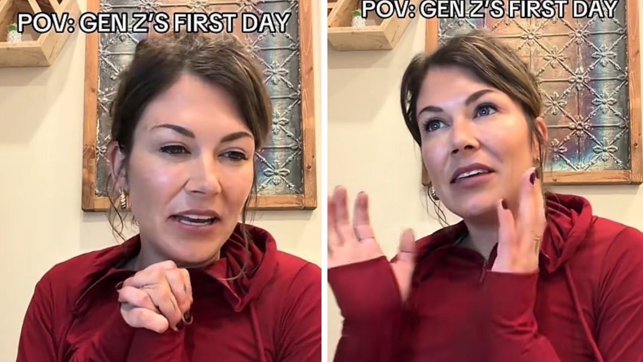 TikTok skit showing a millennial manager questioning a Gen Z employee about arriving late to work.