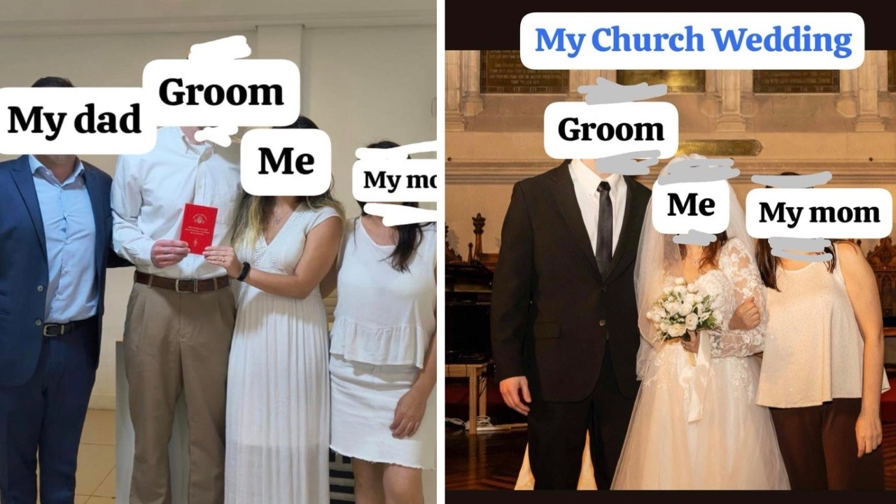 Photos shared on Reddit showing a mother’s outfits at three family weddings, including her daughter’s wedding.