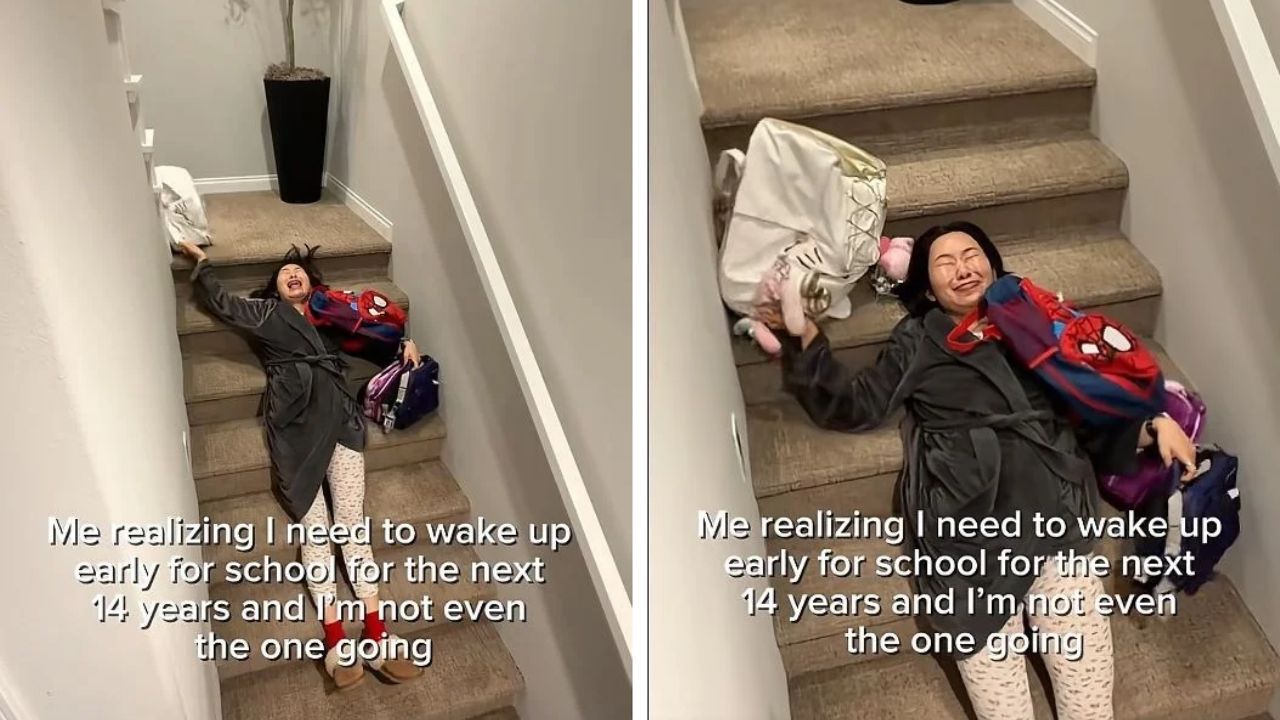 TikToker wakes up early forcefully for kids.