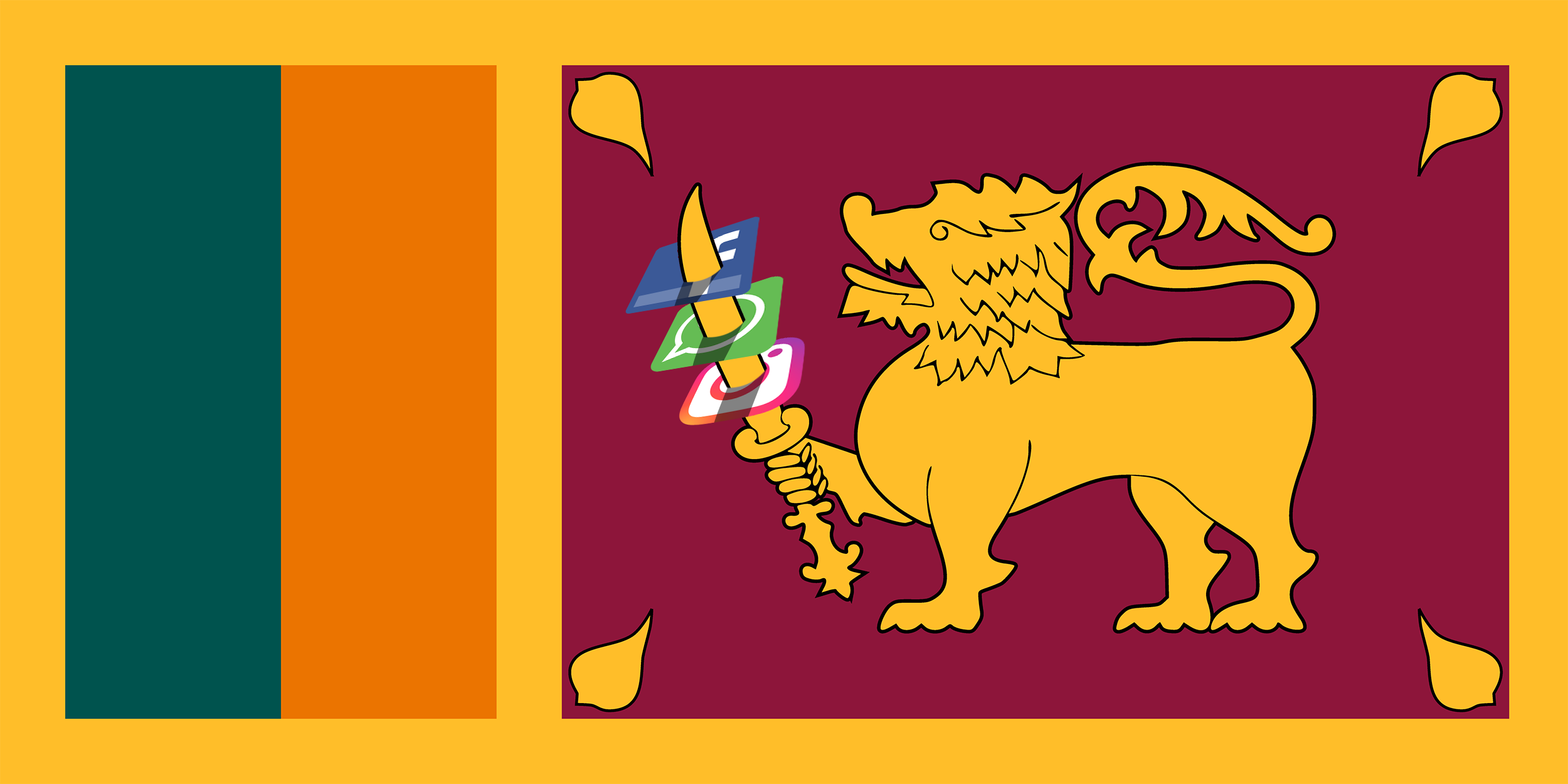 Sri Lankan flag with Facebook, Whatsapp and Instagram icons impaled on sword