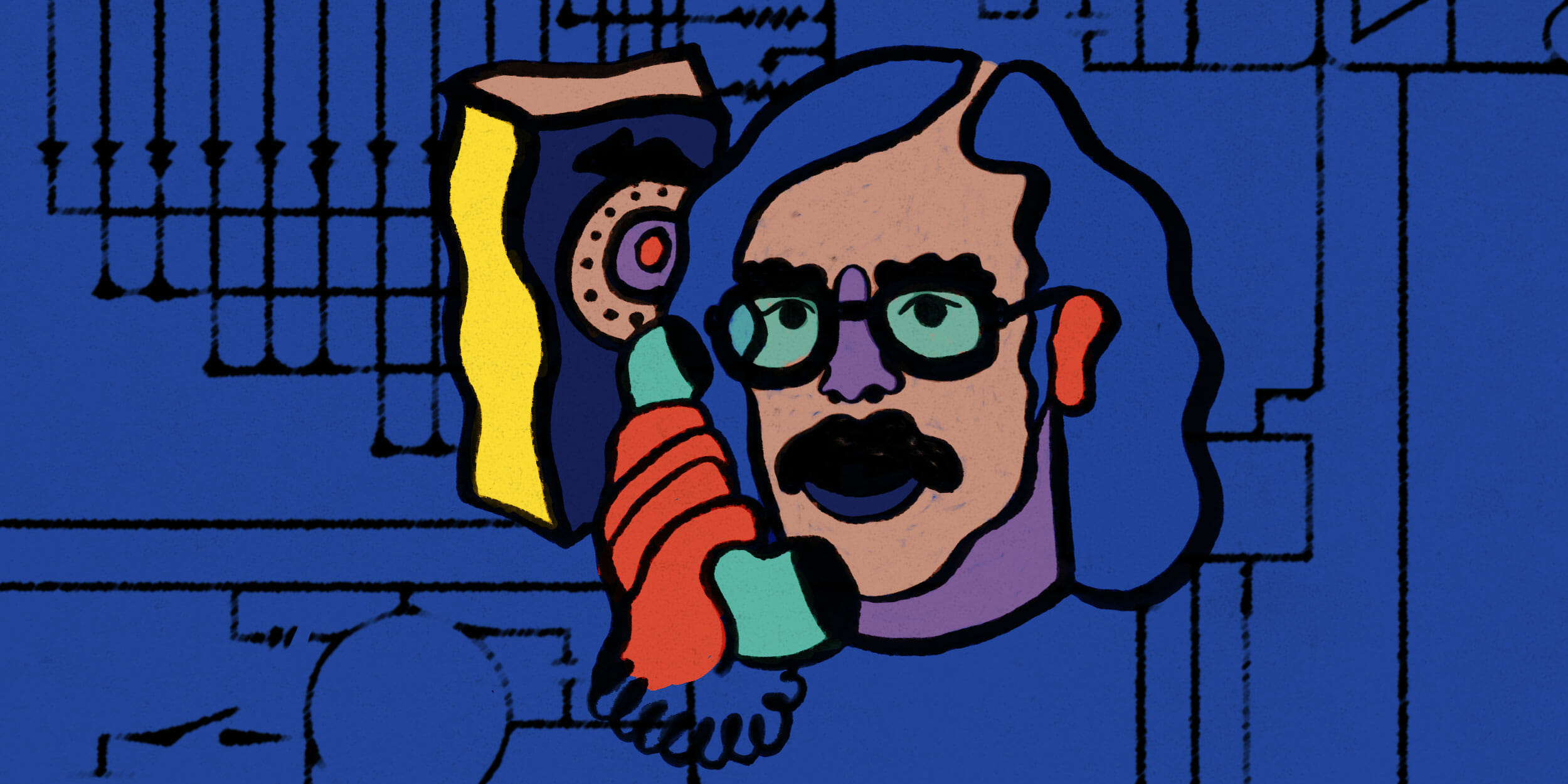 Illustration of John Draper (also known as Captain Crunch) using a rotary telephone.