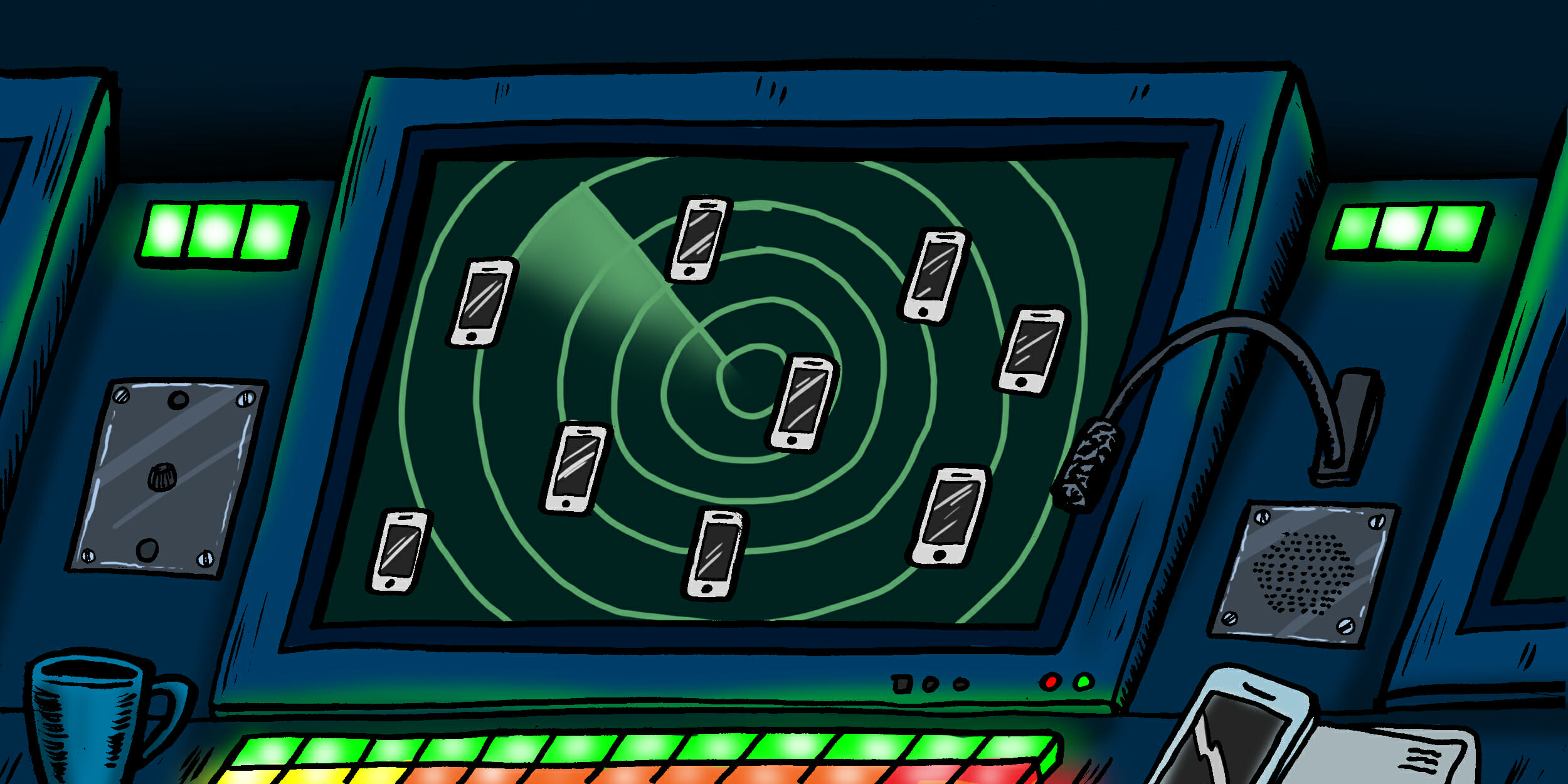 Find My iPhone - Traffic control station with iPhones on the radar