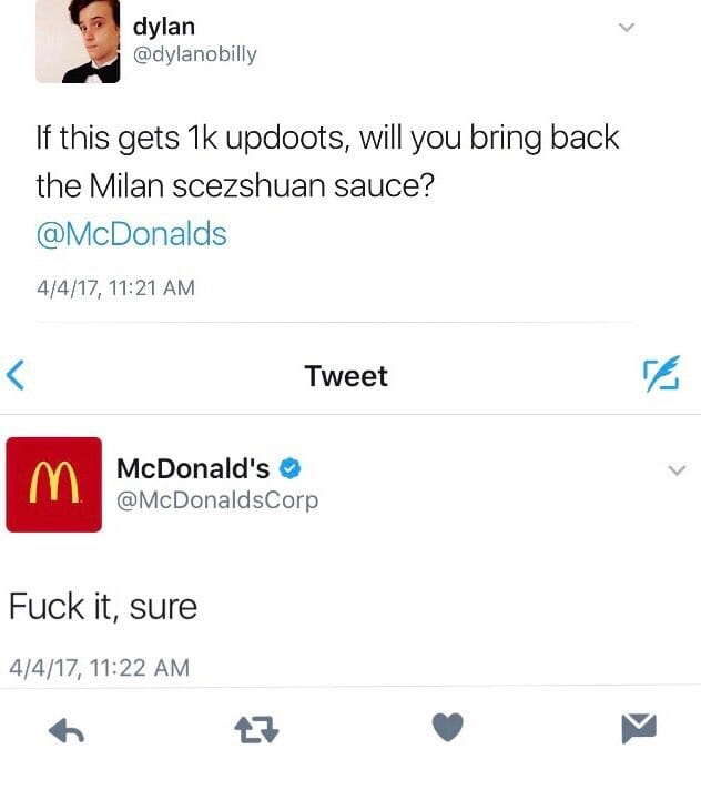 rick and morty meme : tweet asking mcdonalds to bring back szechuan sauce