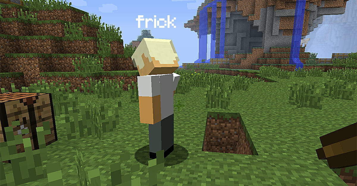 Minecraft player looking down with the word 'frick' over their head