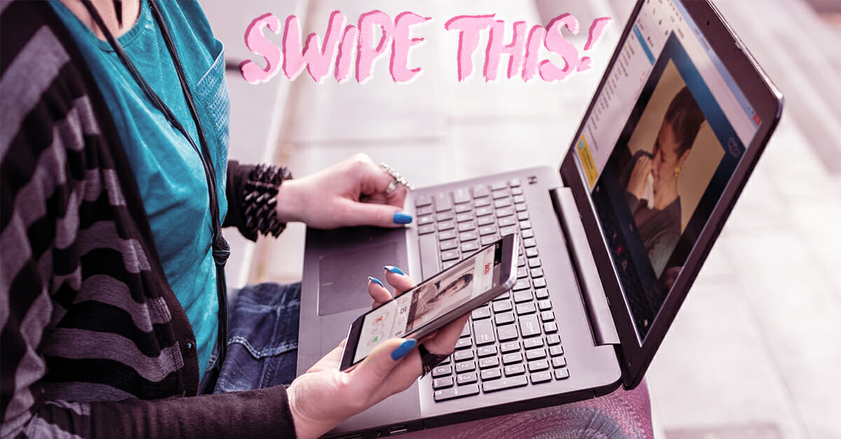 Woman using Tinder while her friend cries during a Skype call