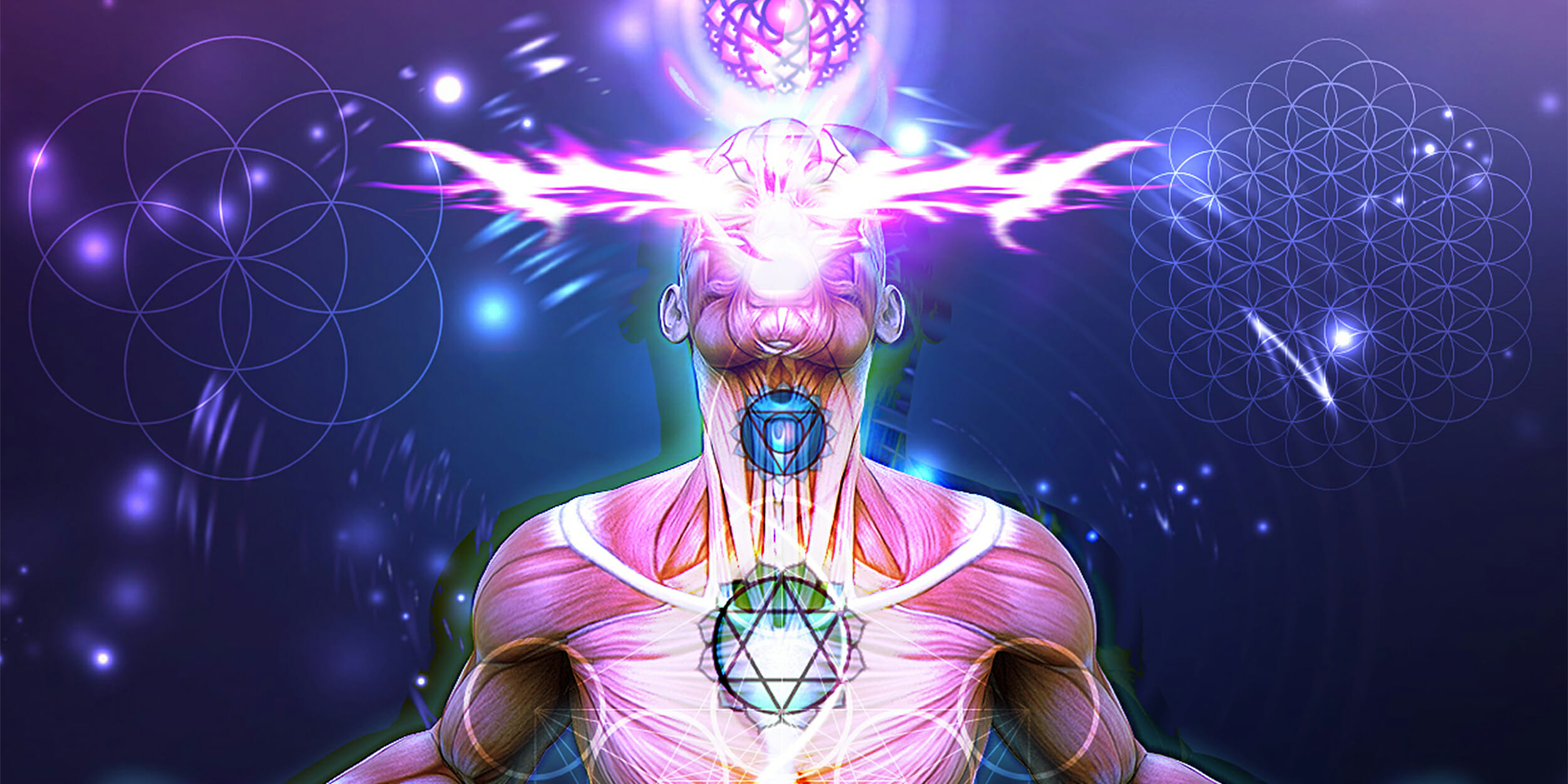 Man with consciousness rising from body over "Flower of Life" images in background