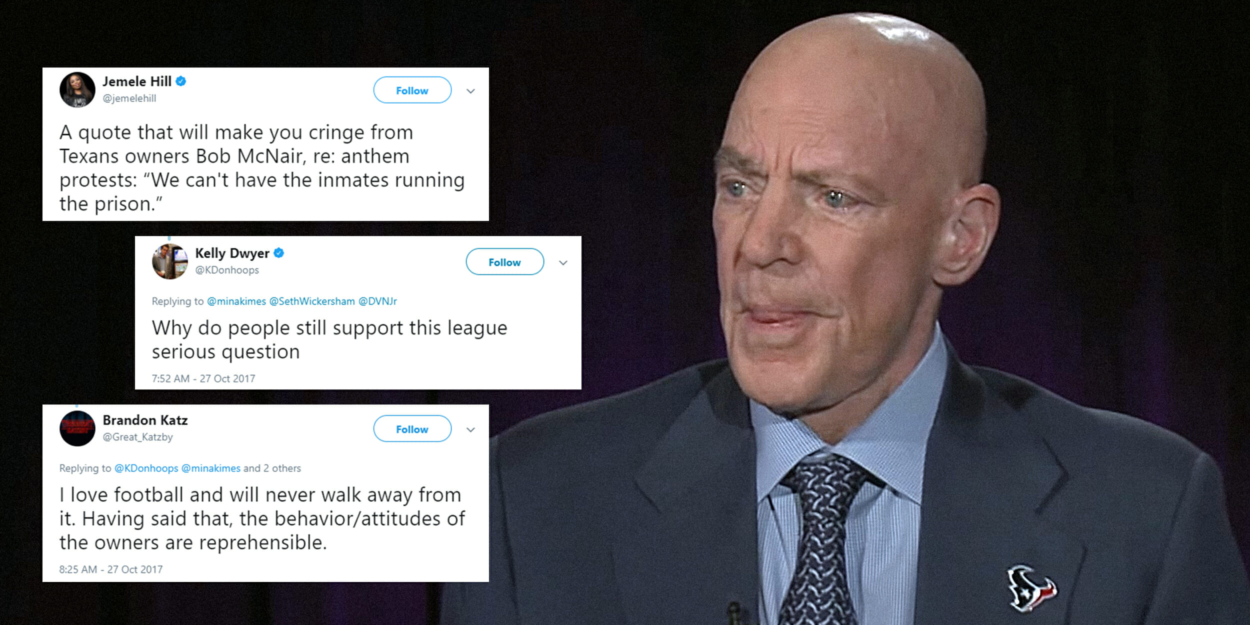 Robert McNair looking at response tweets to his statement that "We can't have inmates running the prison".