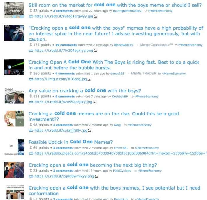 cold one with the boys posts on meme economy